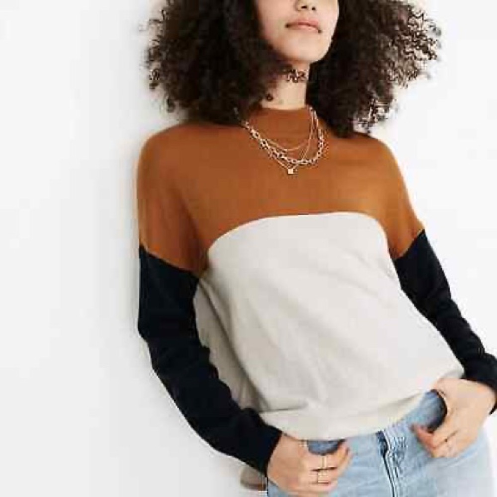 Madewell Ashbury Mockneck Sweater colorblock - Brown, Cream, and Navy - Picture 2 of 10